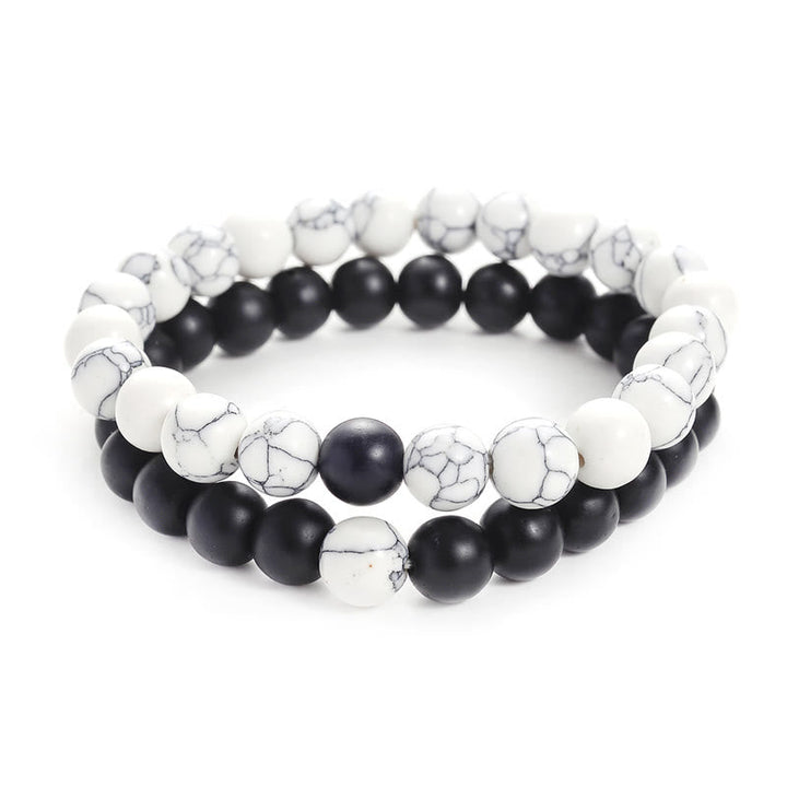 Armband zweireihig Weiß Schwarz Naturstein elastisch Perlen