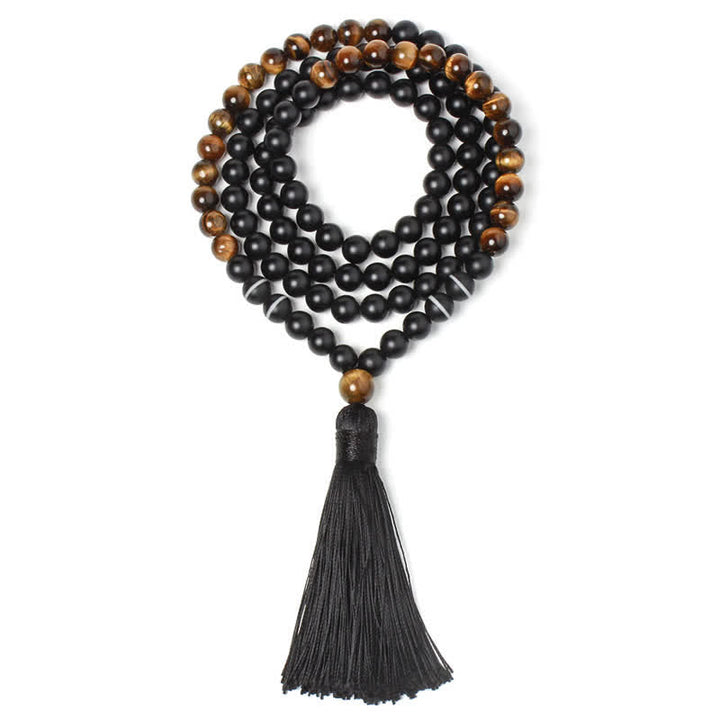 Kette Schwarzer Onyx Tigerauge Glück Mala Quaste