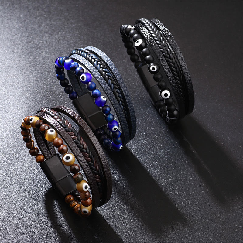 Armband Tigerauge Böses Auge drei Farben Perlen Lederband Schutz
