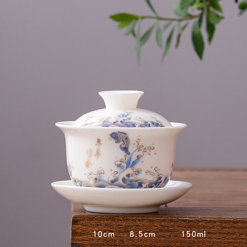 Teetassen Mit Untertasse Gaiwan Berge Porzellan Runde Tasse - Koi-Fisch