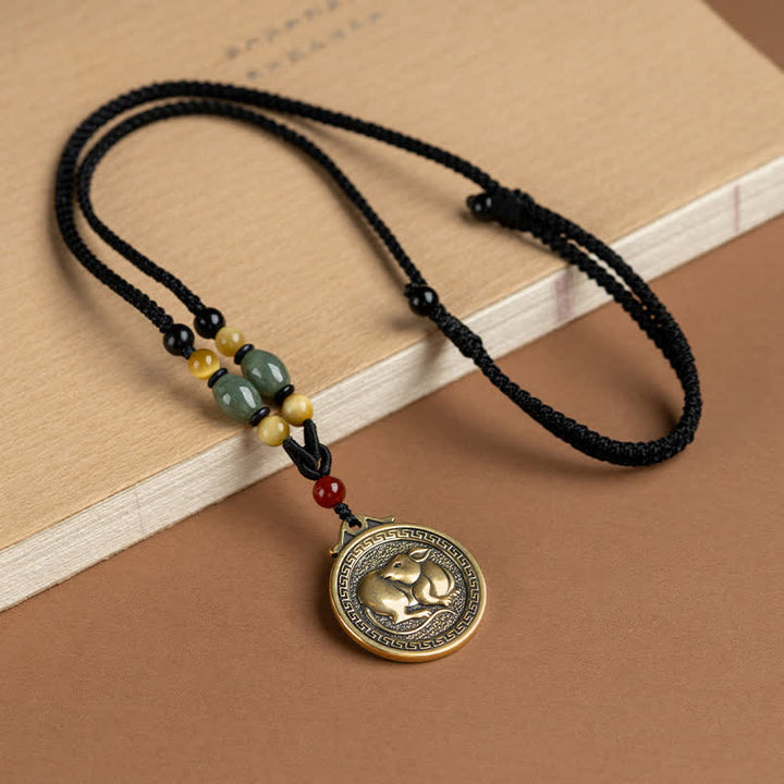 Kette Kaninchen Tierkreis Wohlstand Bronze Anhänger schwarze Schnur Perlen