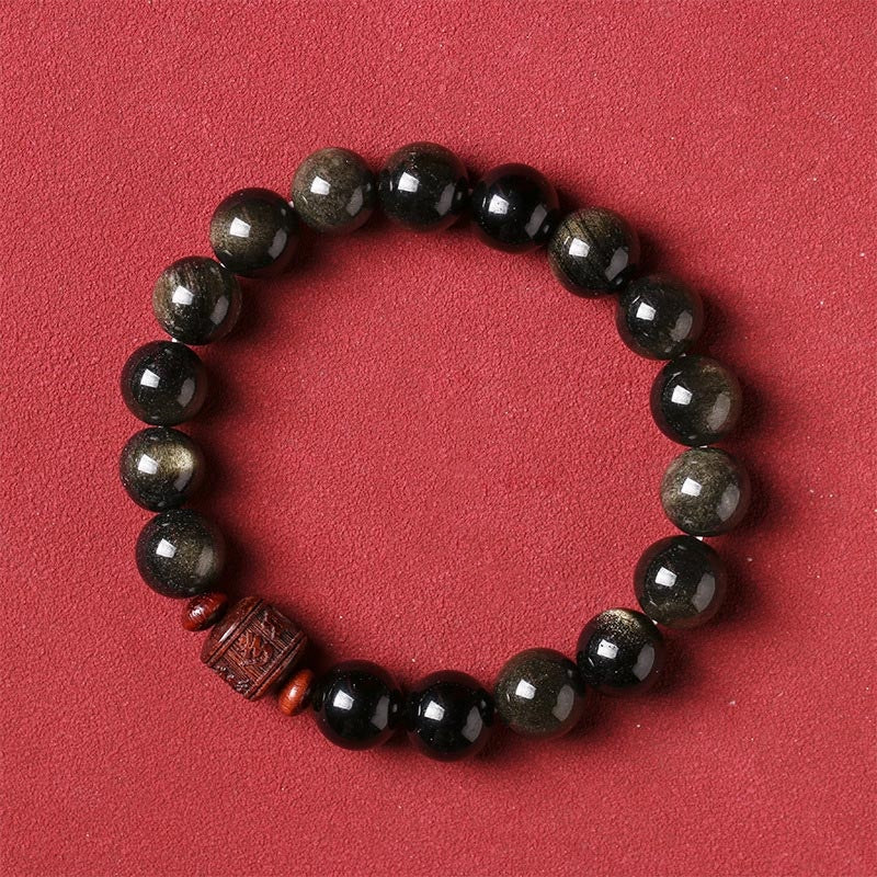 Schwarzes Obsidian Armband mit Om Mani Padme Hum Anhänger elegant