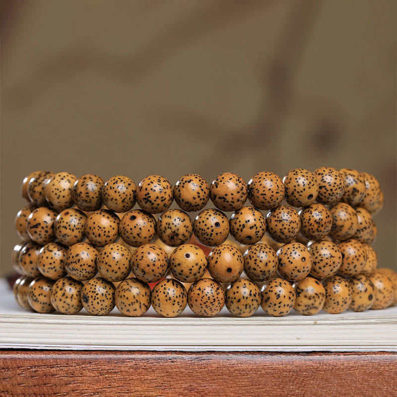 Mala 108 Perlen Bodhi Samen Armband Naturholz braun gepunktet