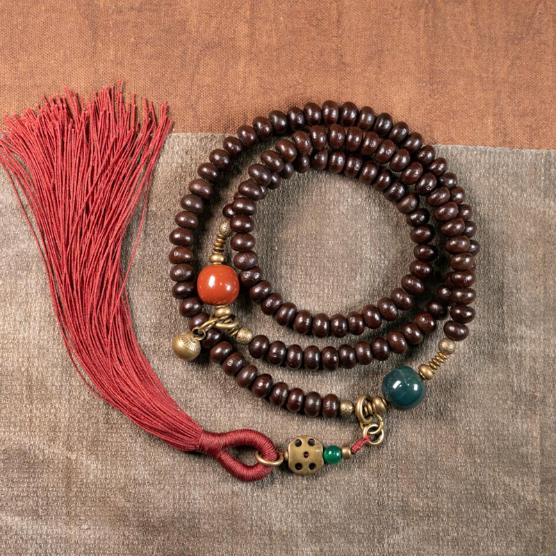 Mala 108 Perlen Bodhi Armband braun mit rosa Quaste Stein