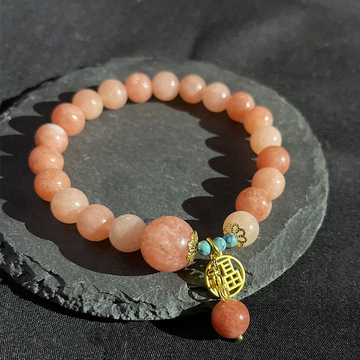 Rosenquarz Armband Türkis Fu-Zeichen – Glück elastisch Naturstein