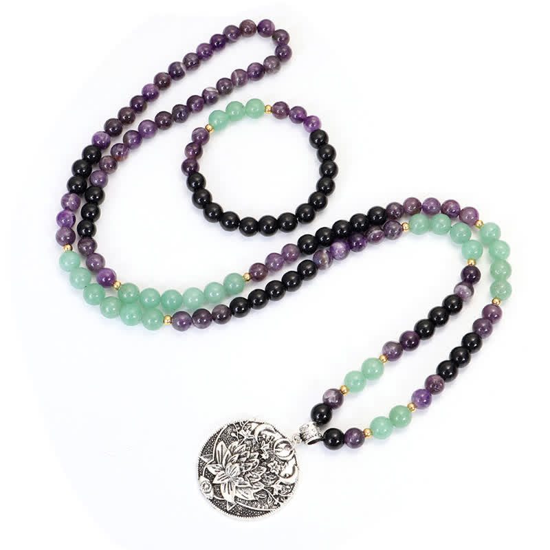 Armband Grüner Aventurin Amethyst Lotus Anhänger Naturstein elegant.