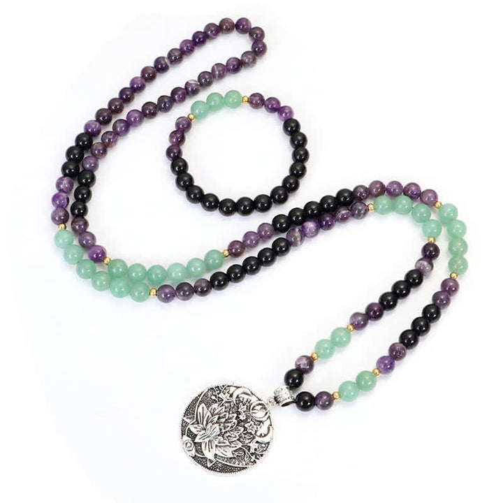 Armband Grüner Aventurin Amethyst Lotus Anhänger Naturstein elegant.