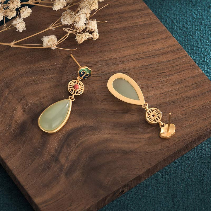 Ohrringe Jade Doppeltes Glück Gold Tropfen Holzbrett Boho Schmuck spirituell