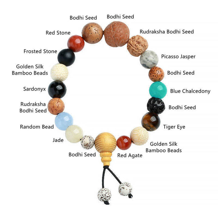 Mala-Armband Bodhi-Samen Achat bunte Natursteine flach fotografiert