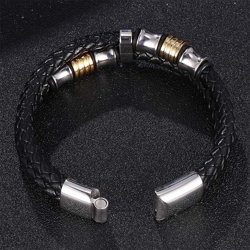 Schwarzes Leder Weave Armband mit silbernen Verschlüssen Flachansicht