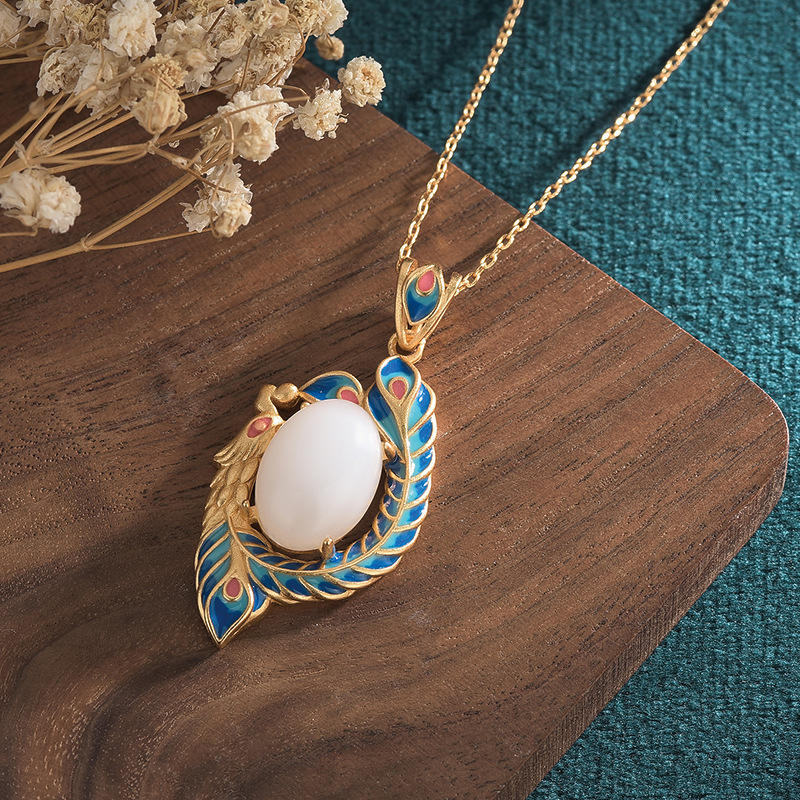 Kette Weiße Jade Pfau Gold Segen