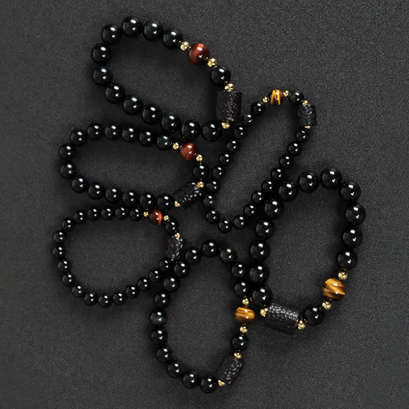 Schwarzer Obsidian Tigerauge Armband Paar Stärke Naturstein elastisch.