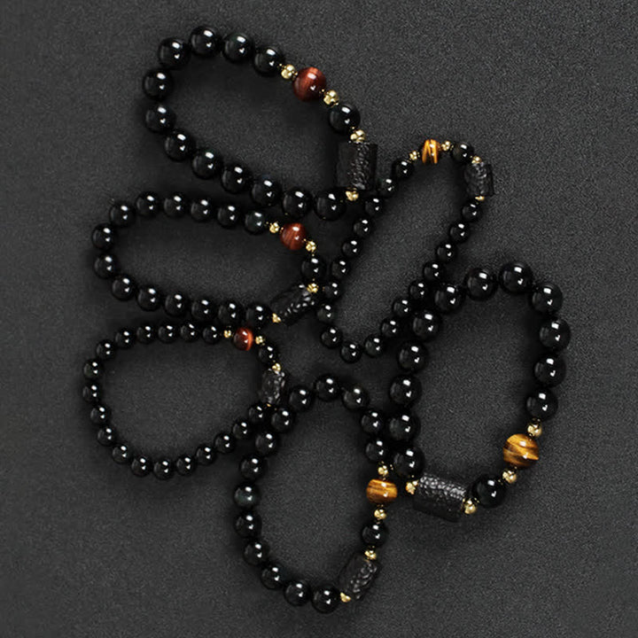 Schwarzer Obsidian Tigerauge Armband Paar Stärke Naturstein elastisch.