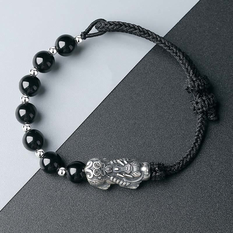 Schwarzes Obsidian Pixiu Armband 925 Silber elegantes Design Naturstein
