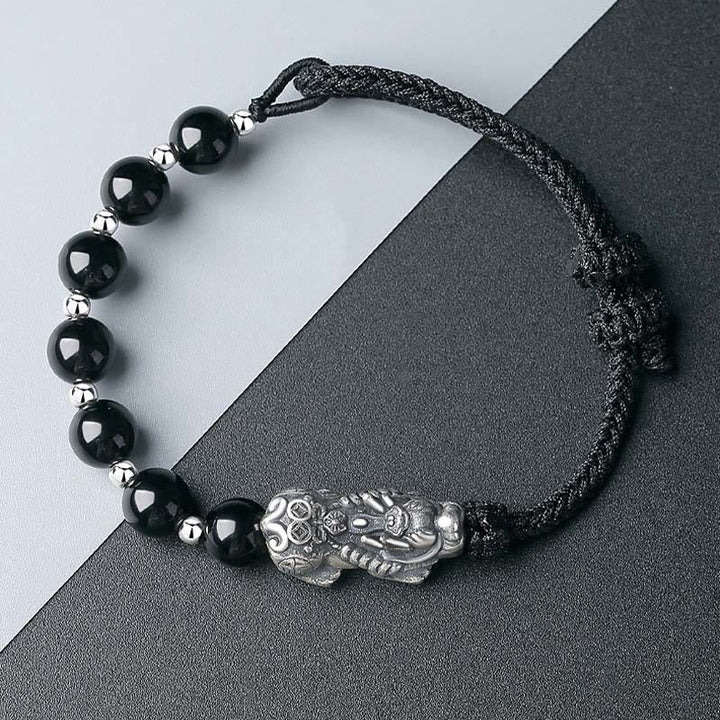 Schwarzes Obsidian Pixiu Armband 925 Silber elegantes Design Naturstein