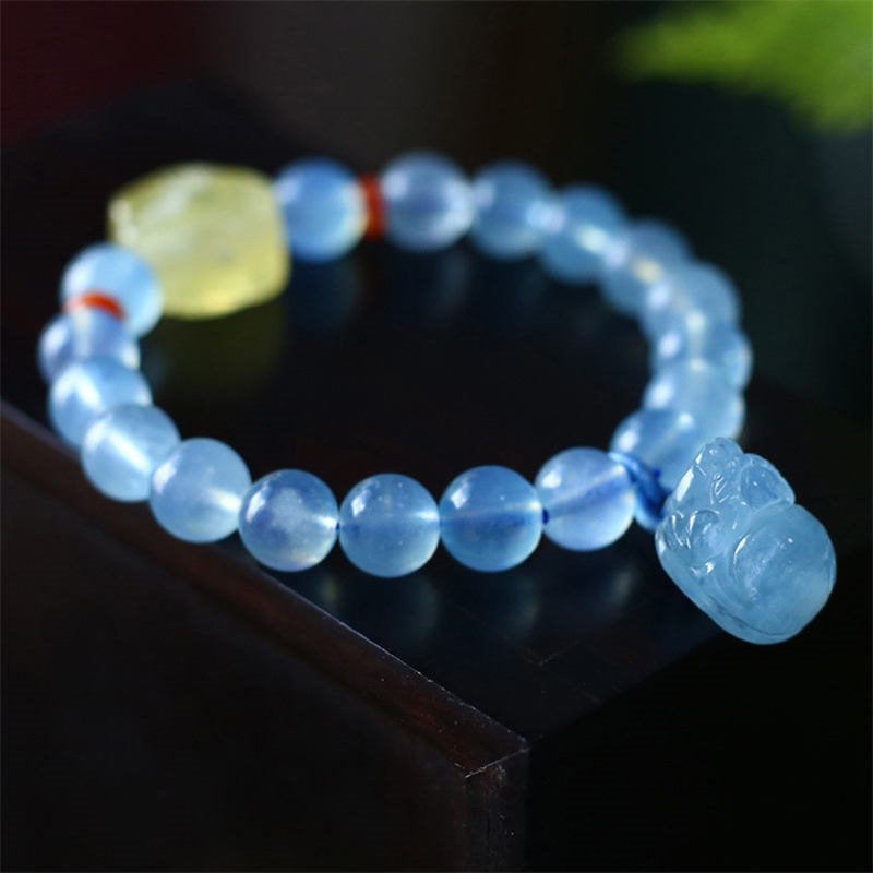 Armband Aquamarin Pixiu mit blauen Steinen und Jade-Anhänger elastisch