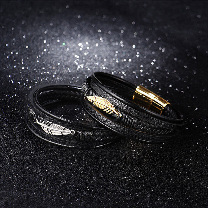 Schwarzes Magnetisch Armband mit Feder-Charm elegantes Design Glitzer.