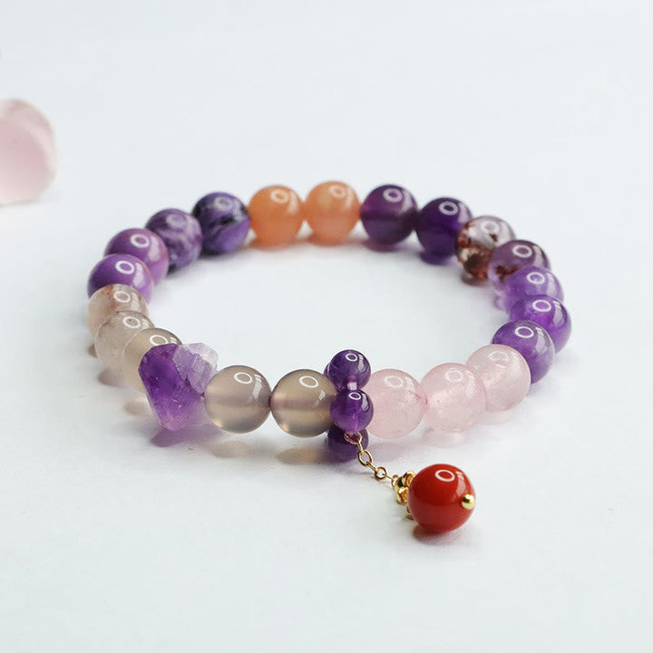 Armband Amethyst Kristall mit Rosenquarz und Karneol Perlen elastisch