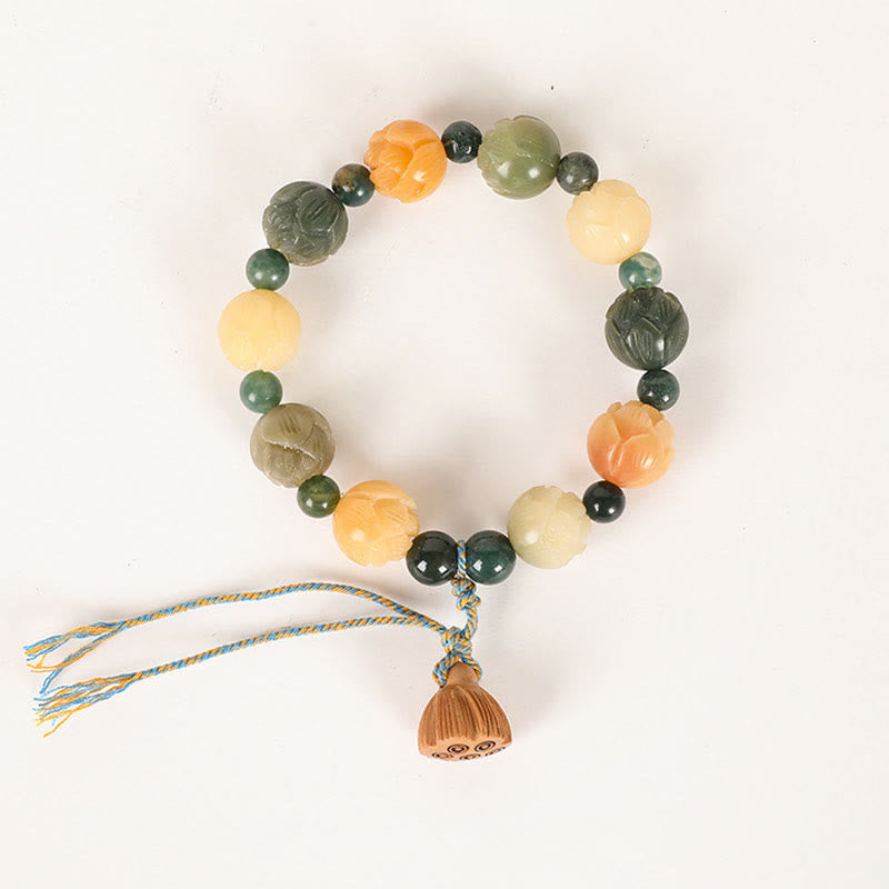 Armband Achat Bodhi Lotus mit grünen und orange Steinen Quaste.