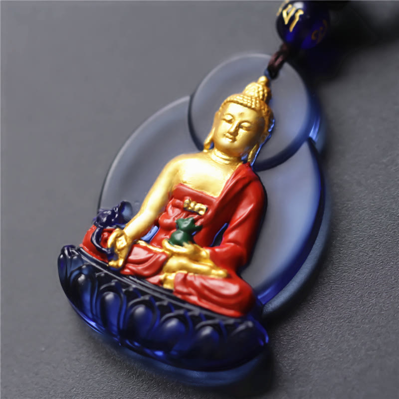 Anhänger Kette Liuli-Kristall Buddha golden rot blau Lotussitz