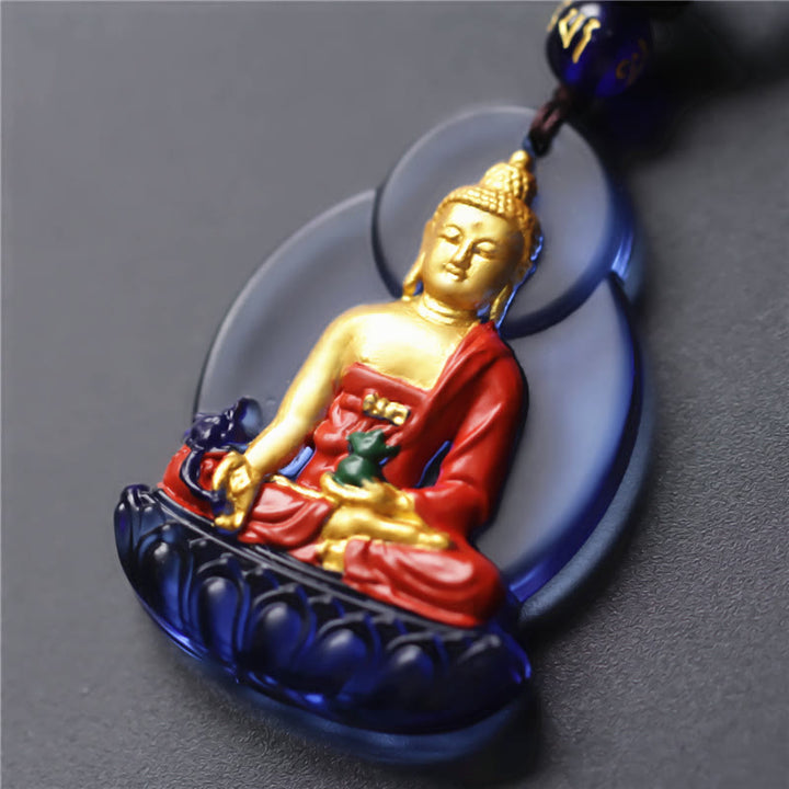Anhänger Kette Liuli-Kristall Buddha golden rot blau Lotussitz