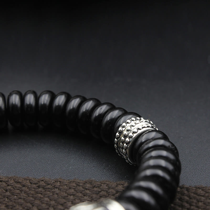 Schwarzes Wickelarmband mit silbernen Perlen Energie Armband Om Mani Padme Hum