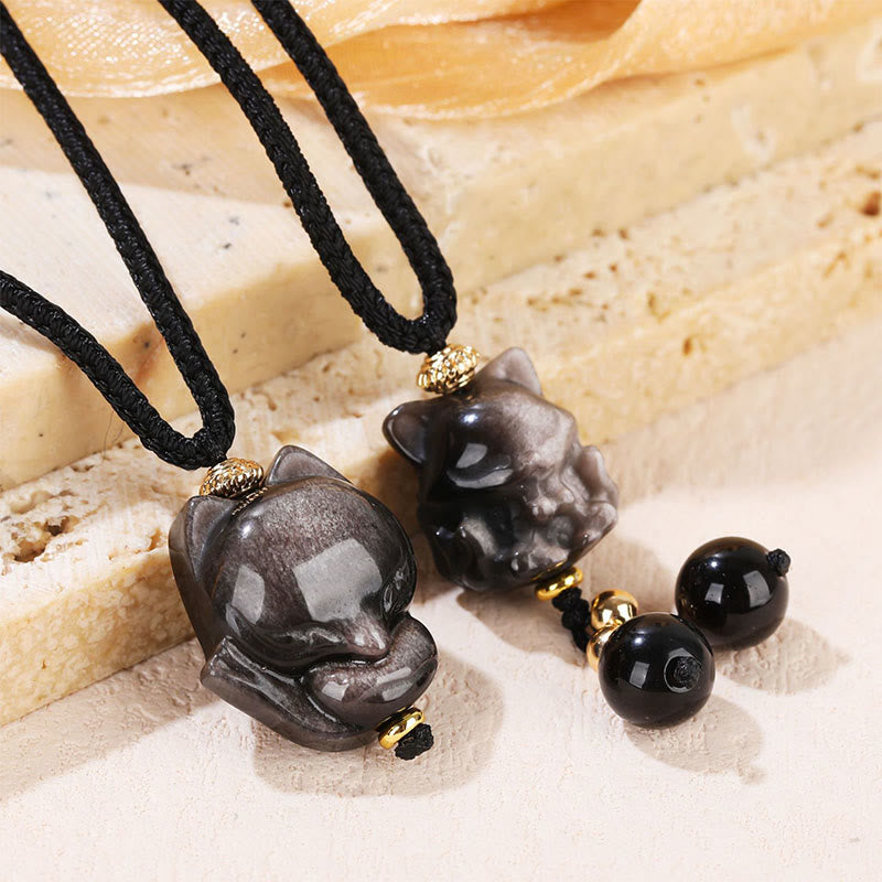 Kette Obsidian Neunschwaenziger Fuchs Schwarz Anhänger