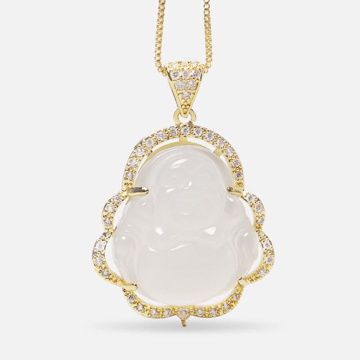 Jade Buddha Anhänger gold gefasst weiße Naturstein Kette elegant