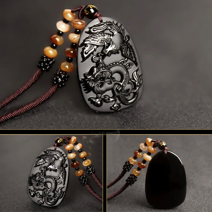 Obsidian Kette Tiger Auge Phönix Drache Schutz Anhänger