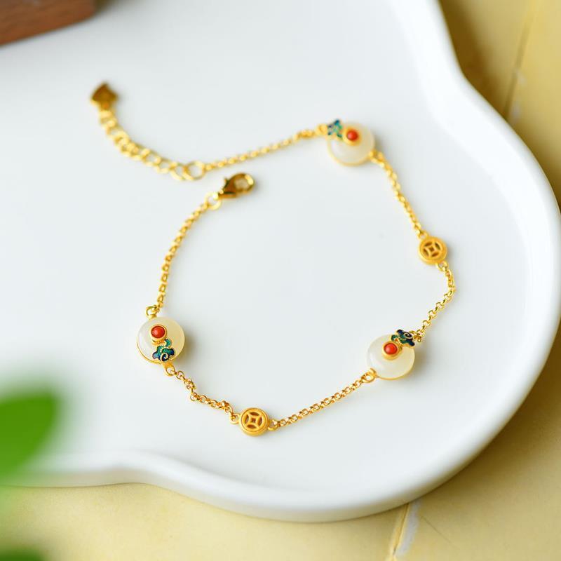 Armband Weiße Jade Kupfer mit goldener Kette elegantes Design Glück.