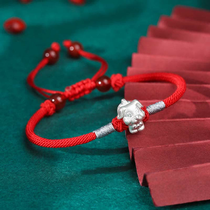 Rotes Armband 925 Silber Chinesisches Tierkreis Tiger Glück Stärke Flachlage