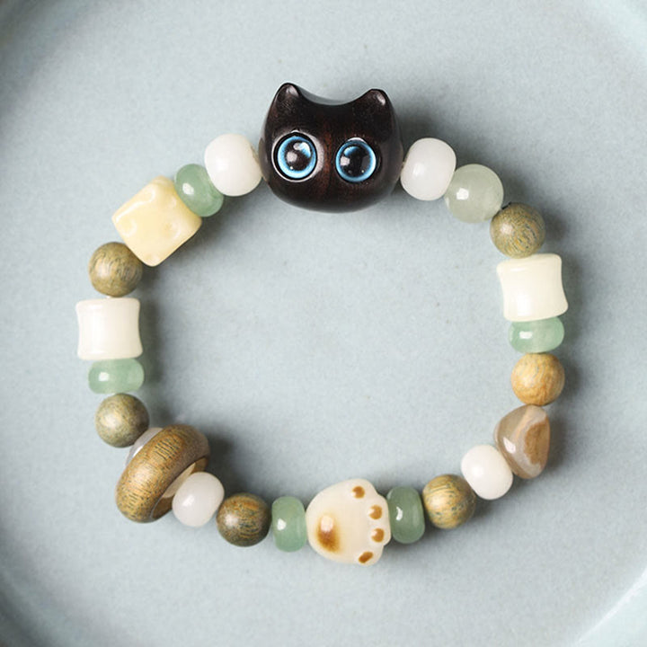 Armband mit Sandelholz Katze Perlen Jade Naturstein elastisch