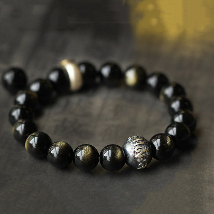 Armband Obsidian Chinesisches Tierkreis schwarze Perlen Naturstein elastisch