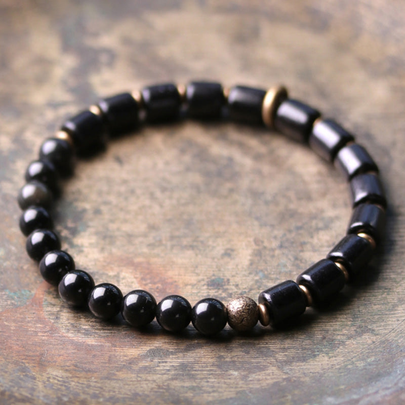 Schwarzes Obsidian Armband Kristall Kupfer elastisch Naturstein glänzend