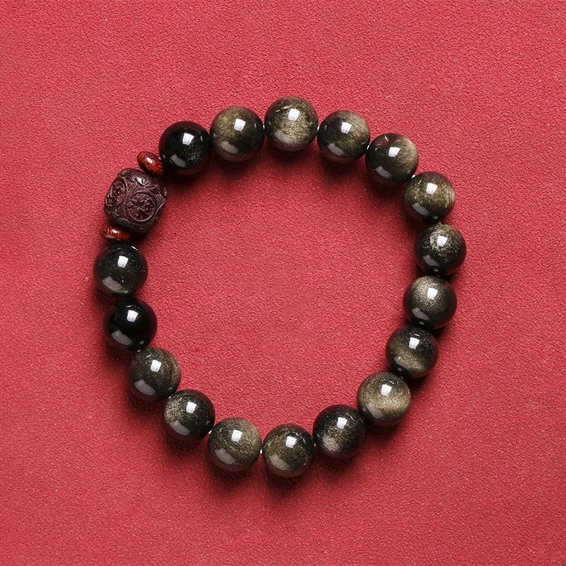 Armband Obsidian Om Mani Padme Hum Heilung schwarze Perlen runder Stein
