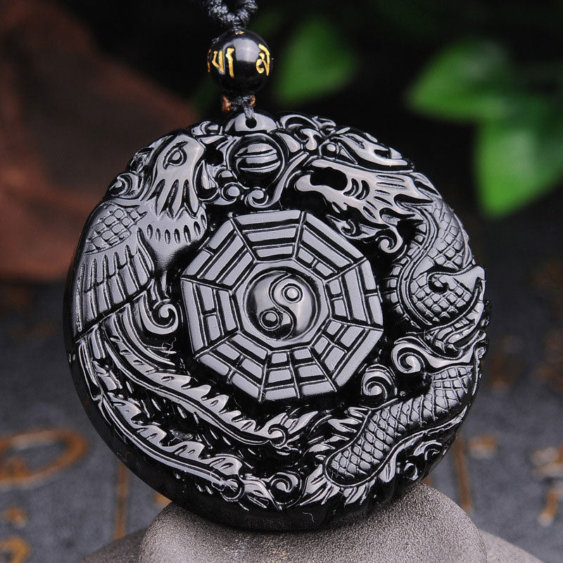 Anhänger Obsidian schwarzer Drachen Phönix Yin Yang Motiv Naturstein