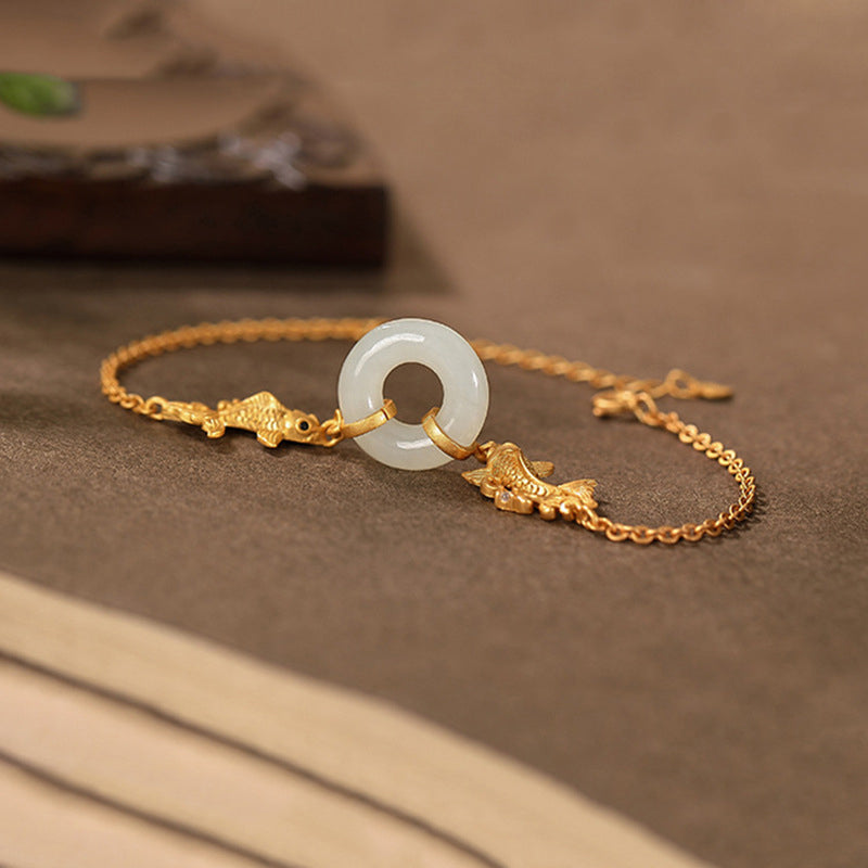 Armband Weiße Jade Koi Fisch goldfarben elegant Wohlstand Schmuck