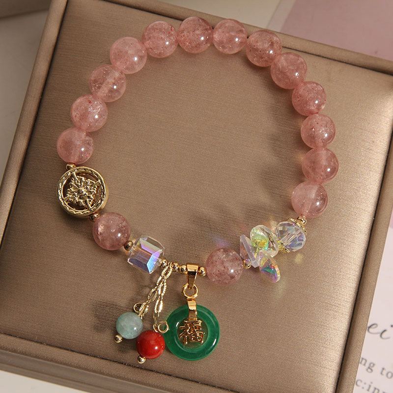 Armband Erdbeerquarz Jade Fu-Zeichen Heilstein rosa glitzernd Gold elegant