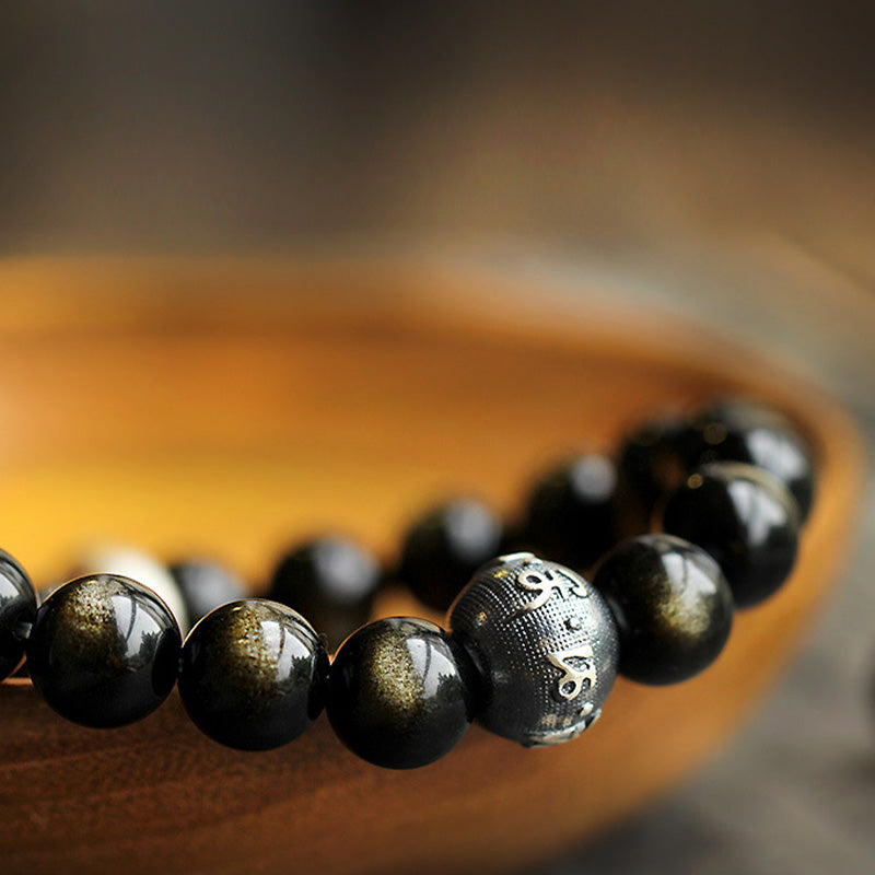 Armband Obsidian Chinesisches Tierkreis schwarze Perlen Naturstein glänzend