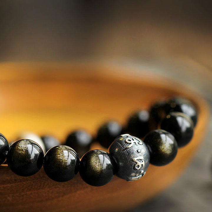Armband Obsidian Chinesisches Tierkreis schwarze Perlen Naturstein glänzend