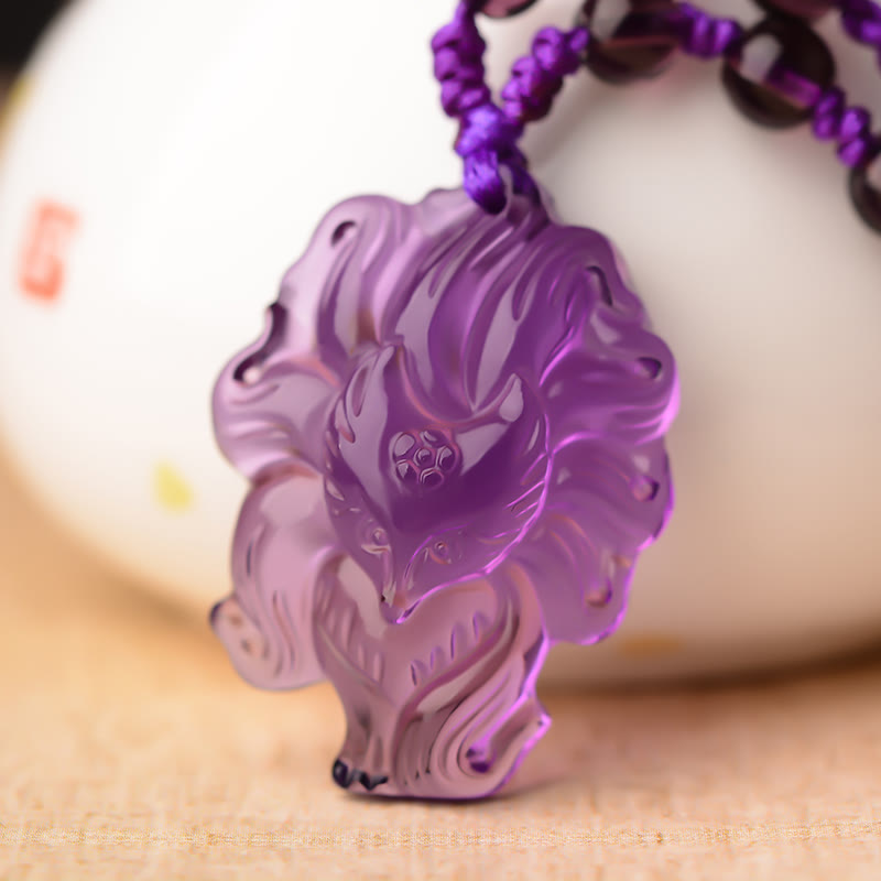 Anhänger Kette Amethyst Neunschweif-Fuchs Glück lila Schnitzerei