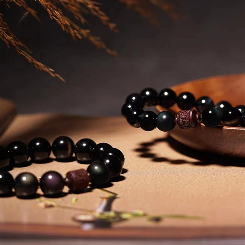 Schwarzes Obsidian Armband mit Om Mani Padme Hum Perlen Heilung