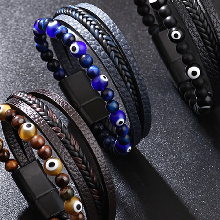 Armband Tigerauge Böses Auge Schutz Perlen Leder mehrfarbig Handgelenk getragen