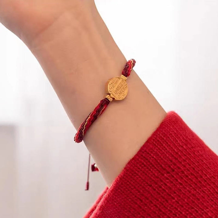 Armband – Schutz & Wohlstand rotes Seil goldene Münze elastisch Handgelenk