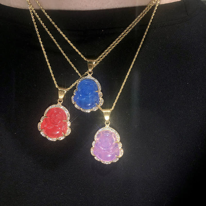 Kette Jade Buddha Lachen farbig Anhänger Gold drei Farben getragen
