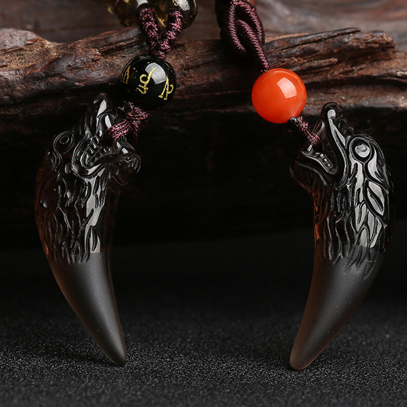 Anhänger Obsidian Wolf Mut Schutz schwarzer Naturstein Schmuck Pendant