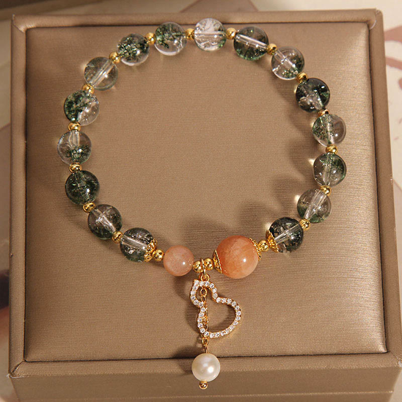 Armband Grün Phantom Quarz mit Rosenquarz und Perlenanhänger elegant