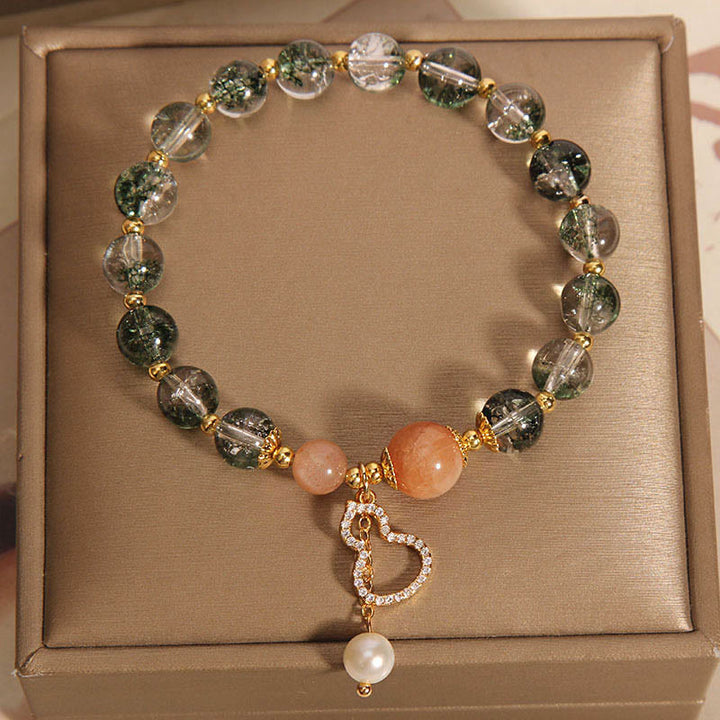 Armband Grün Phantom Quarz mit Rosenquarz und Perlenanhänger elegant