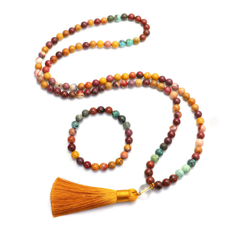 Mala 108 Perlen Mookaite Emotional Halskette mit goldenem Quastenverschluss