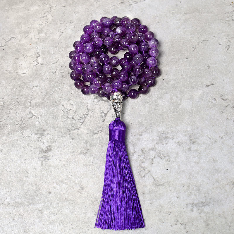 Mala Tibet 108 Perlen Amethyst violett Quaste Meditation Yoga